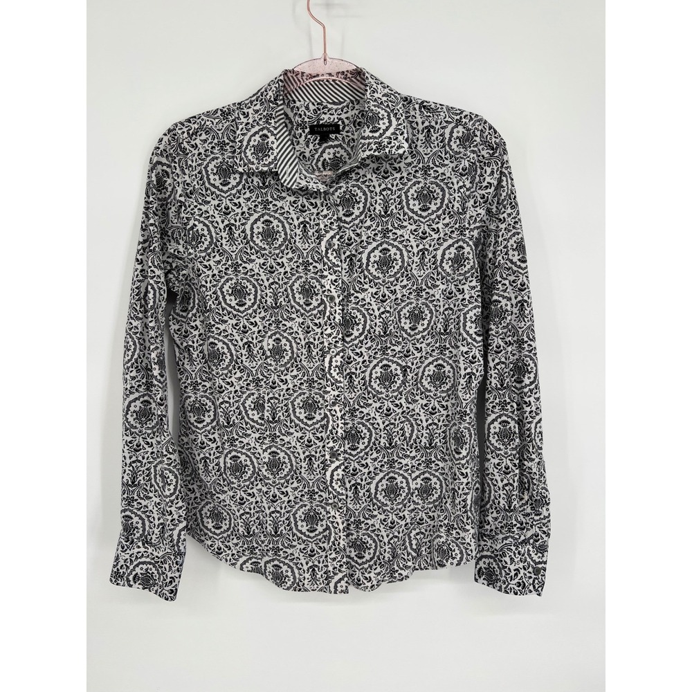 Talbots Button-Up Shirt Black White Print Long Sleeve Career Casual Size 6